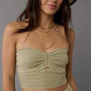 American Eagle Beige Knit Crochet Bandeau Top, Tan Sandy Beige, XL